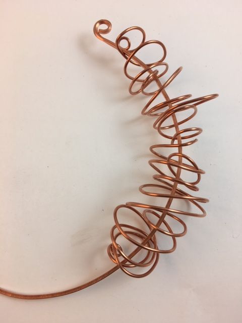 Karen Meador, Ph.D.'s Hammered Chaos Necklace - , Contemporary Wire Jewelry, Coiling, Coiling Wire, Wire Coiling, Crocheting, Loops, Wire Loop, Wrapped Wire Loop, Spirals, Wire Spiral, Spiral Wire Wrap, Thread these chaotic loops onto the 14g wire.